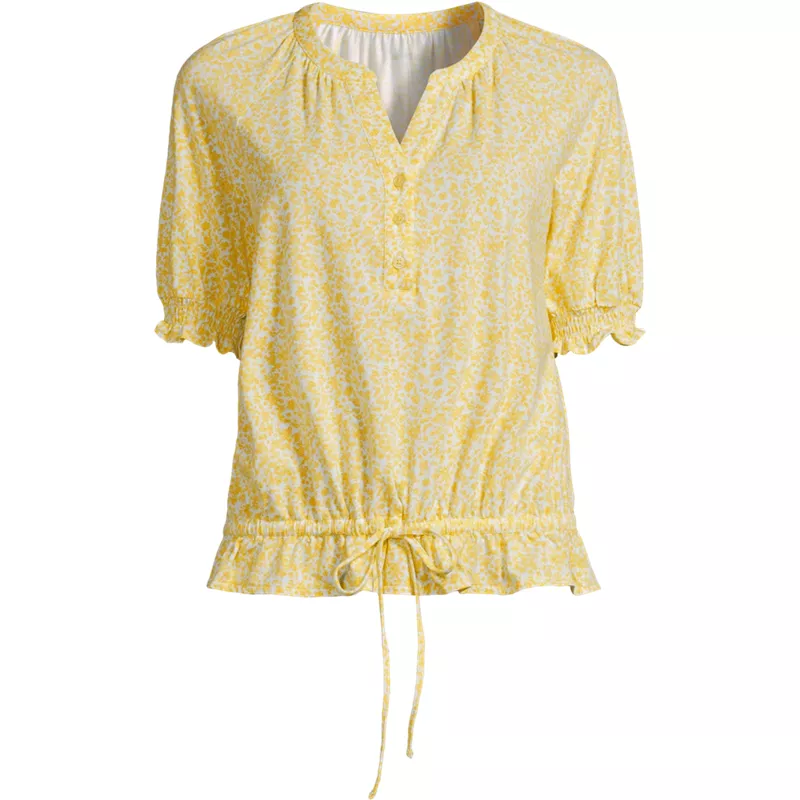 Women's Elbow Sleeve Lightweight Jersey Gathered Adjustable Hem Blouse, Front