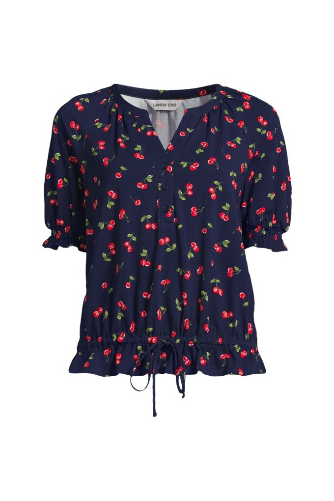 Lands' End Women's Plus Size Elbow Sleeve Lightweight Jersey Gathered Adjustable Hem Blouse In Blue