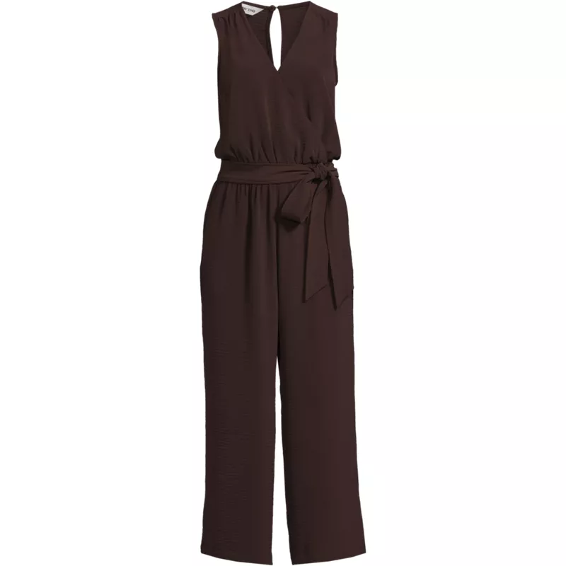 Women's Plus Size Sleeveless Creaseless Wrap Jumpsuit with Smocked Waist, Front