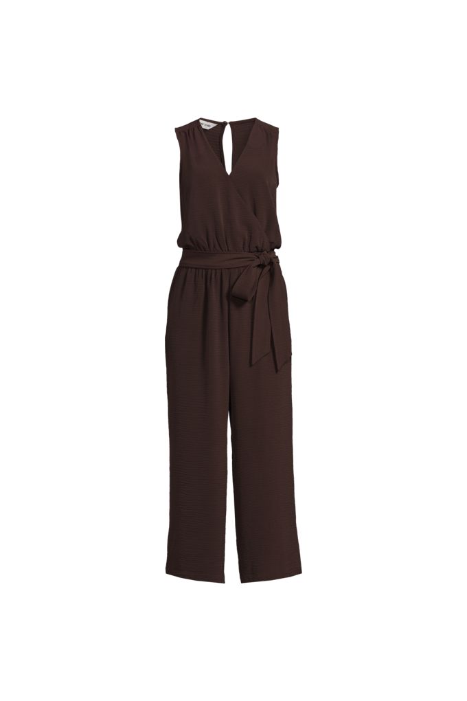 Lands' End Women's Petite Sleeveless Creaseless Wrap Jumpsuit With Smocked Waist In Brown