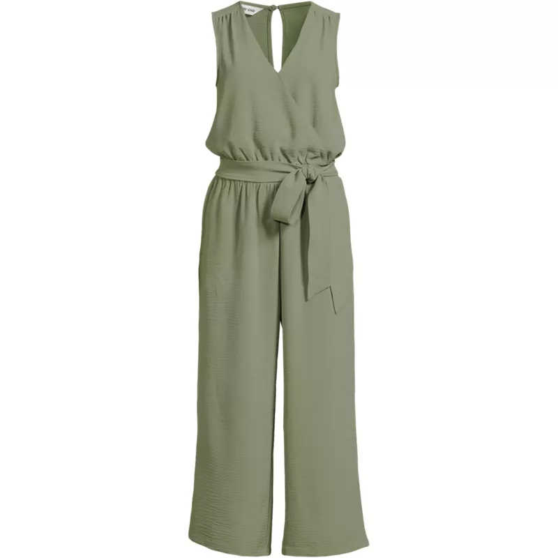 Women's Sleeveless Creaseless Wrap Jumpsuit with Smocked Waist, Front