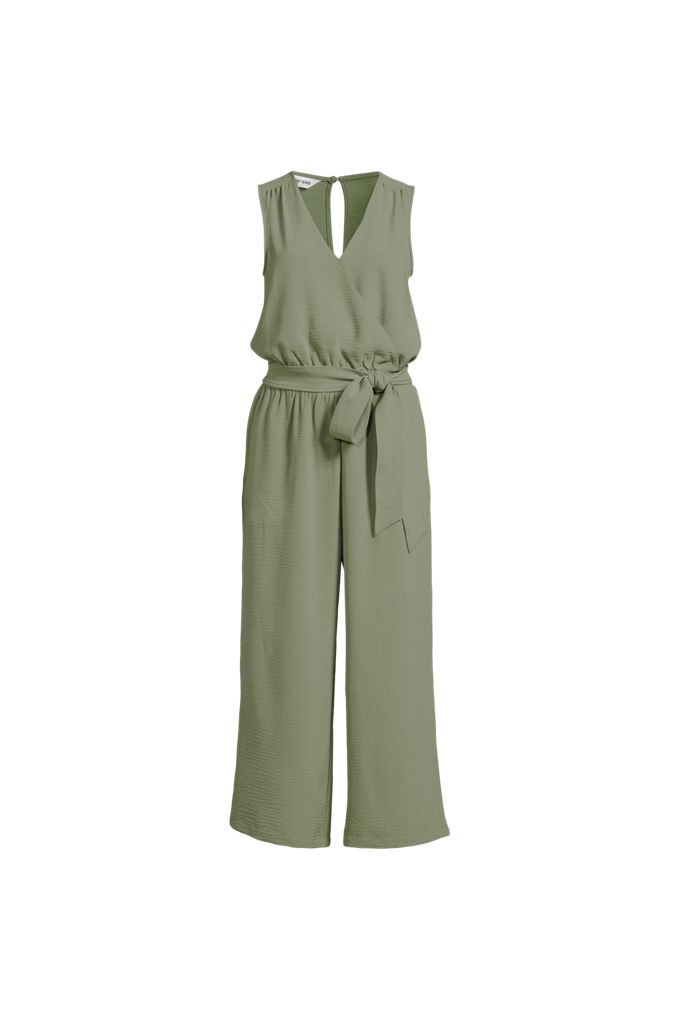 Lands' End Women's Petite Sleeveless Creaseless Wrap Jumpsuit With Smocked Waist In Green