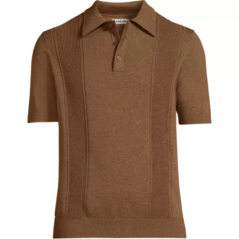 Men's Short Sleeve Vertical Rib Button Down Sweater Polo, Front
