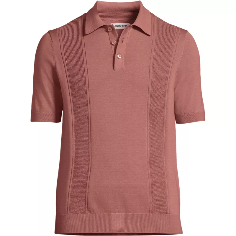 Men's Short Sleeve Vertical Rib Button Down Sweater Polo, Front