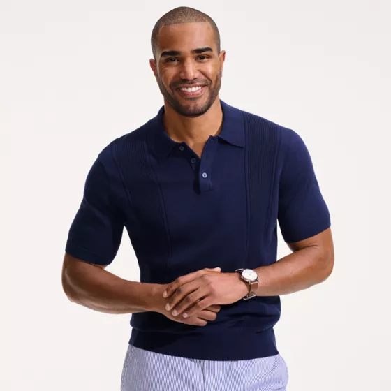 Men's Short Sleeve Vertical Rib Button Down Sweater Polo - primary