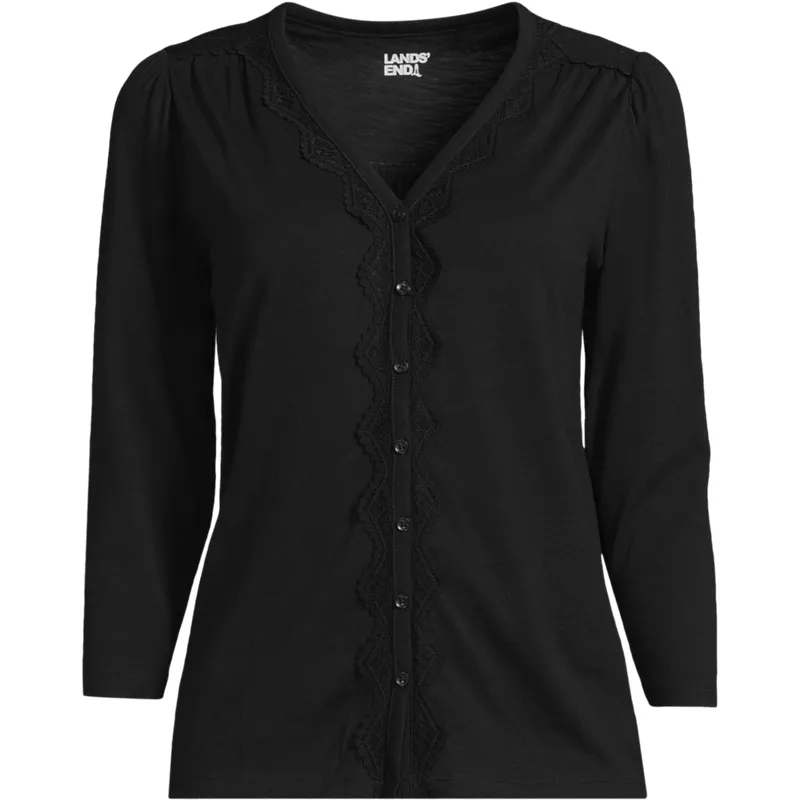 Women's 3/4 Sleeve Slub V-neck Lace Trim Top, Front