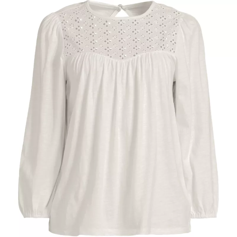 Women's Plus Size 3/4 Sleeve Eyelet Mix Flowy Top, Front