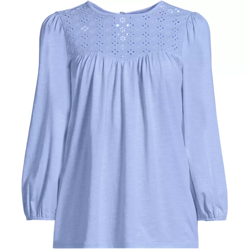 Women's 3/4 Sleeve Eyelet Mix Flowy Top, Front