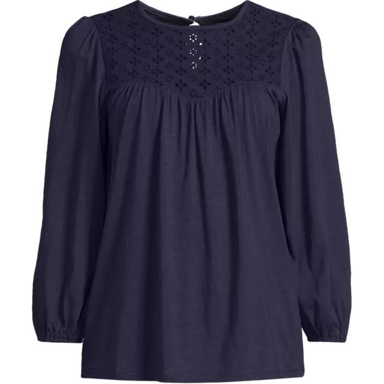 Women's 3/4 Sleeve Eyelet Mix Flowy Top - primary