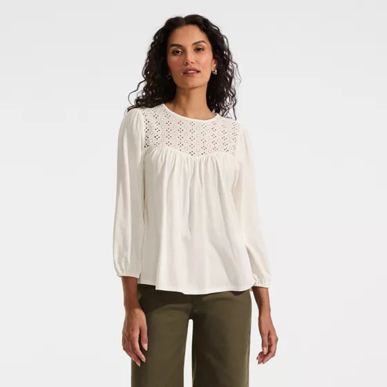Women's 3/4 Sleeve Eyelet Mix Flowy Top - primary