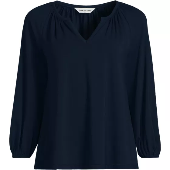 Women's Petite Lightweight Jersey 3/4 Sleeve Notch Neck Gather Blouse - primary