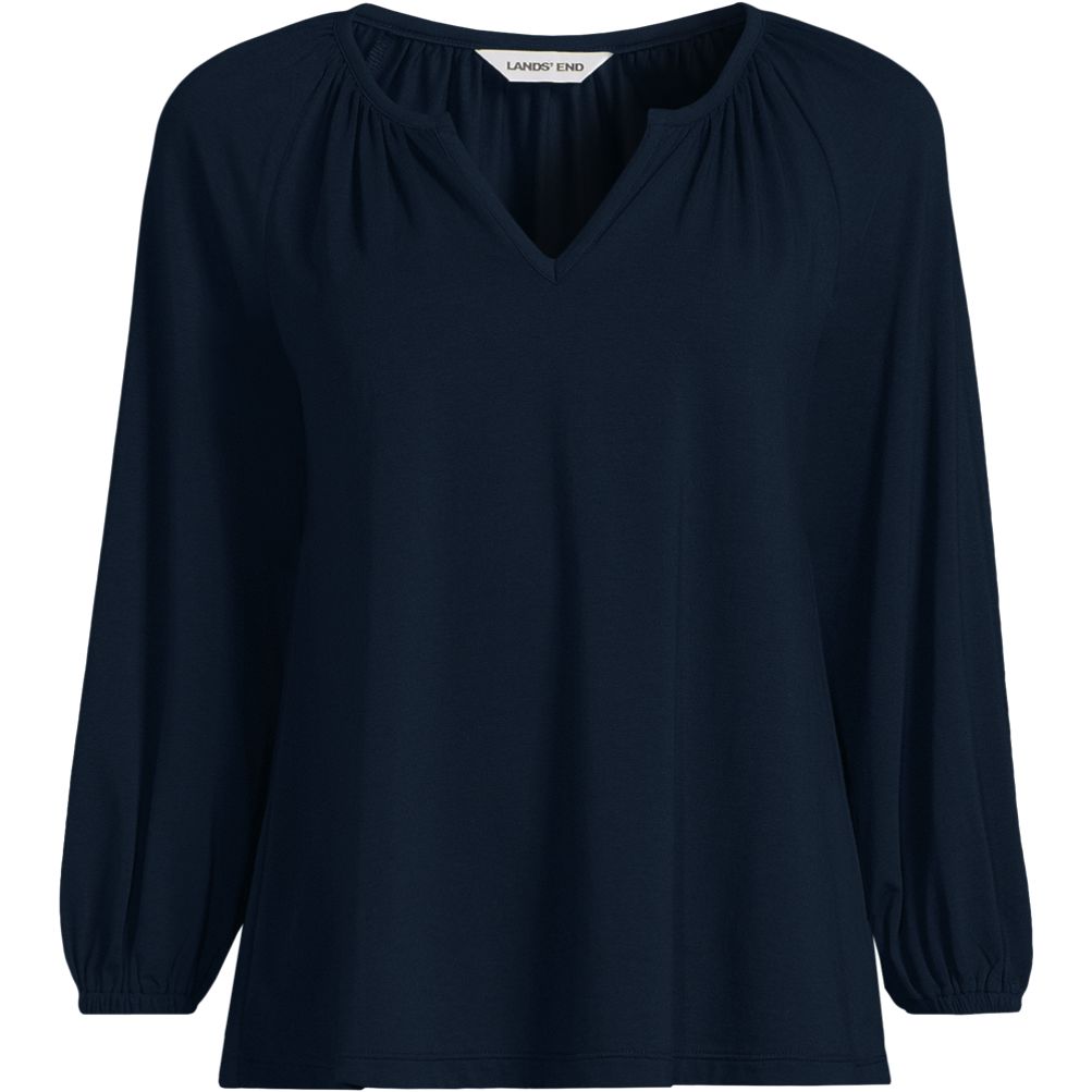 Lands' End Women's Lightweight Jersey 3/4 Sleeve Notch Neck Gather Blouse - Radiant Navy