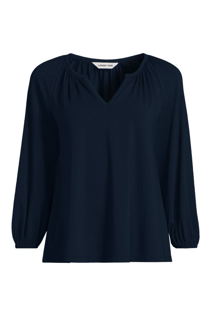 Lands' End Women's Plus Size Lightweight Jersey 3/4 Sleeve Notch Neck Gather Blouse In Blue