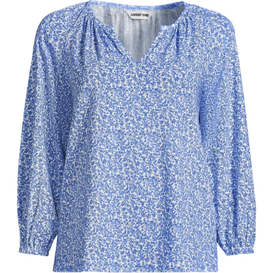 Women's Plus Size Lightweight Jersey 3/4 Sleeve Notch Neck Gather Blouse - primary
