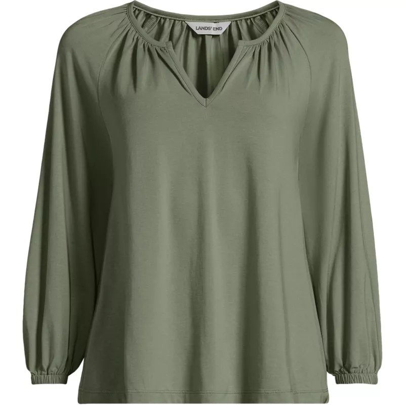 Women's Lightweight Jersey 3/4 Sleeve Notch Neck Gather Blouse, Front