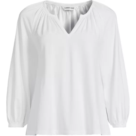 Women's Plus Size Lightweight Jersey 3/4 Sleeve Notch Neck Gather Blouse - primary
