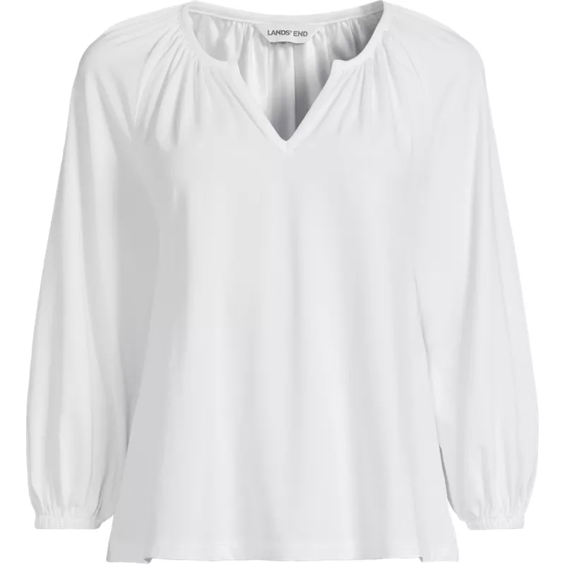 Women's Lightweight Jersey 3/4 Sleeve Notch Neck Gather Blouse, Front