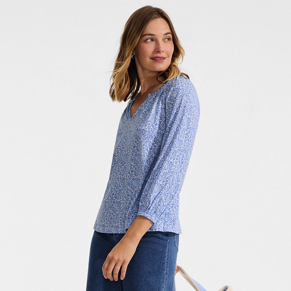 Women's Lightweight Jersey 3/4 Sleeve Notch Neck Gather Blouse