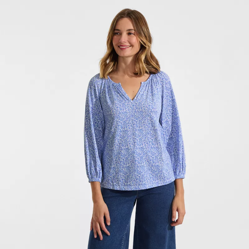 Women's Lightweight Jersey 3/4 Sleeve Notch Neck Gather Blouse, Front
