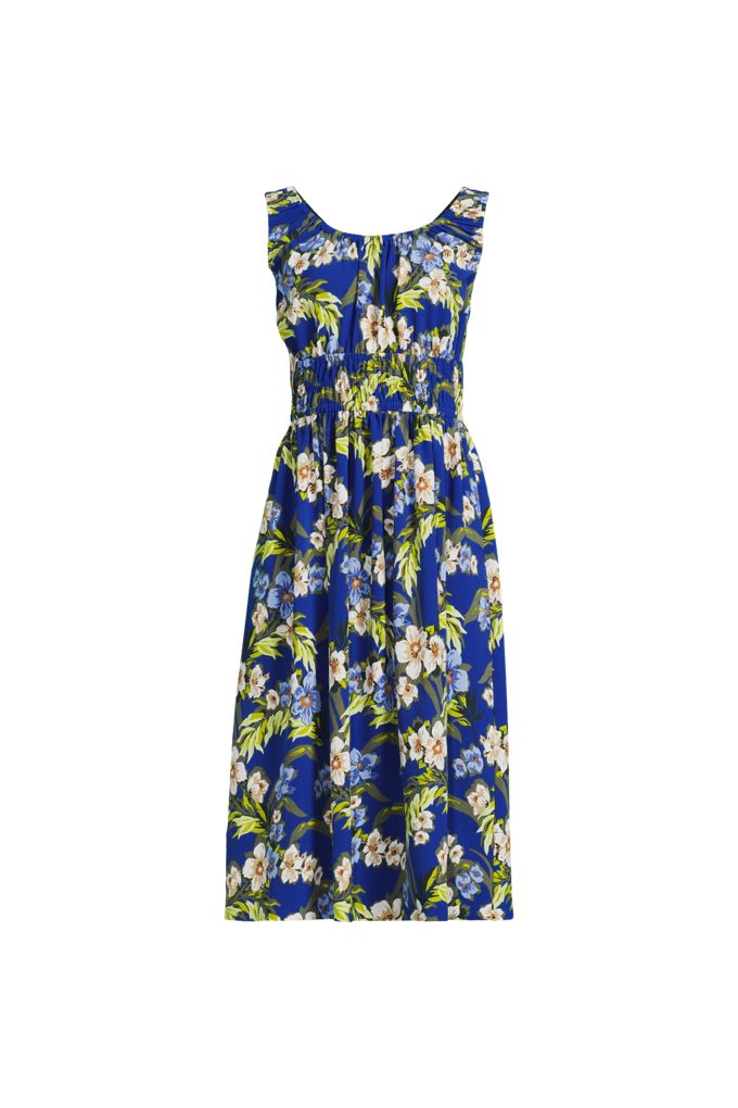 Lands' End Women's Plus Size Creaseless Scoop Neck Smocked Midi Dress In Blue
