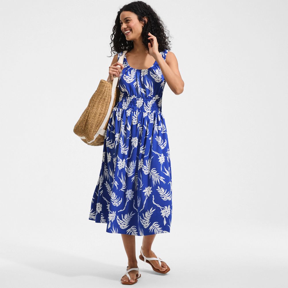 Lands' End Women's Creaseless Scoop Neck Smocked Midi Dress - Large - Lapis Blue Floral Tropic