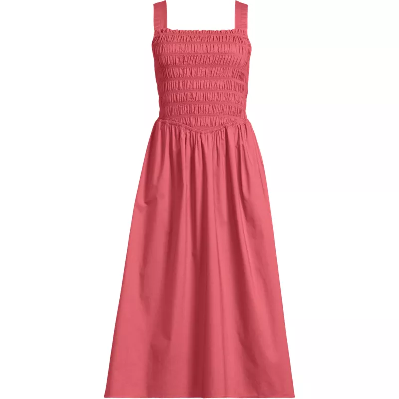 Women's Plus Size Poplin Smocked Bodice Midi Dress, Front