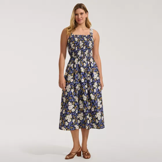 Women's Poplin Smocked Bodice Midi Dress - primary