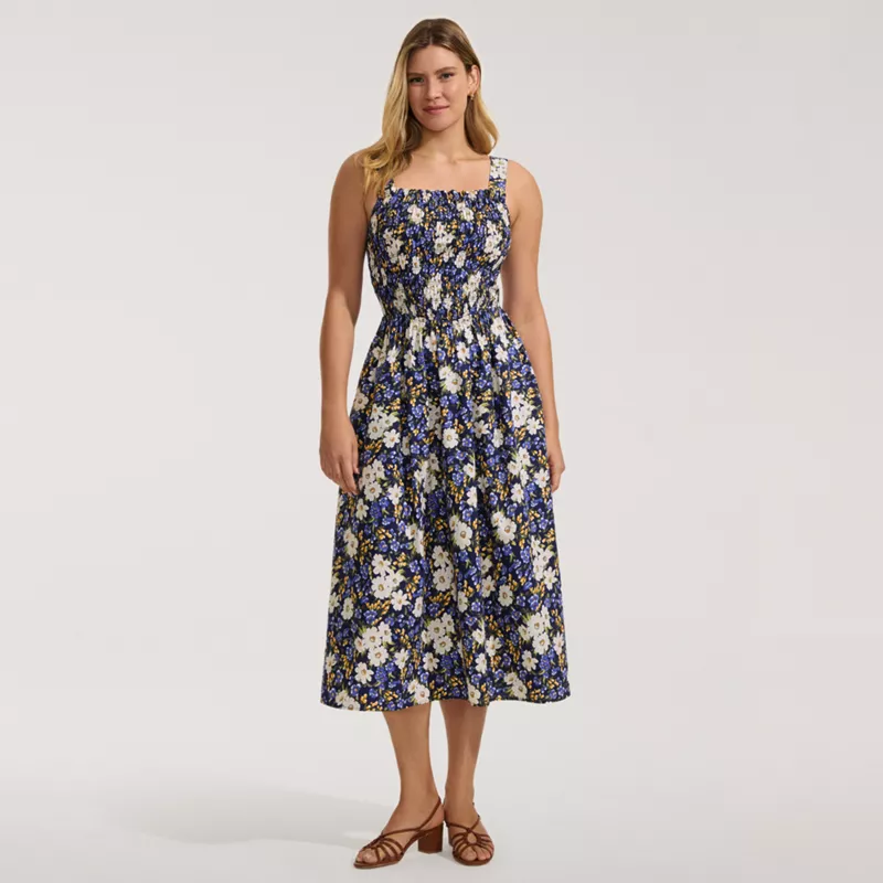 Women's Poplin Smocked Bodice Midi Dress, alternative image