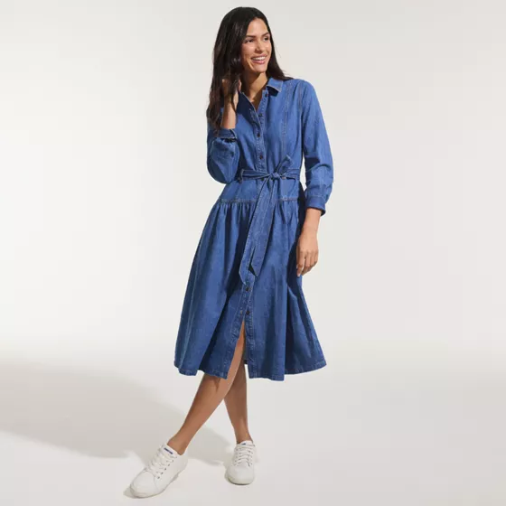 Women's Denim Button Front Midi Shirt Dress - primary