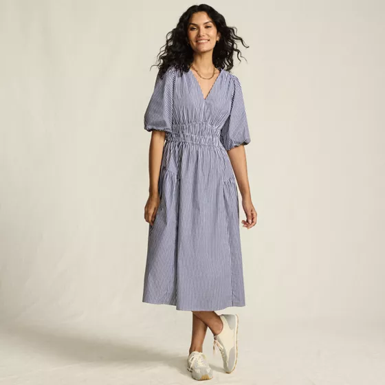 Women's Puff Sleeve Smocked Waist V-neck Dress - primary
