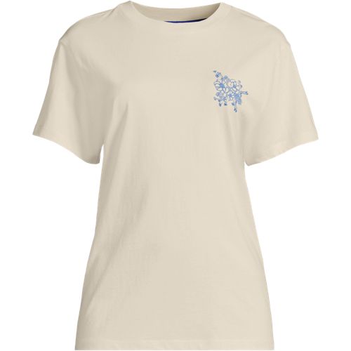 Cotton Crew Neck Graphic Tee, Women, size: 1XL, plus, Ivory, Cotton, by Lands' End