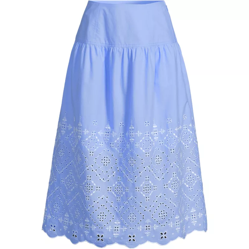 Women's Plus Size Poplin Drop Waist Embroidered Eyelet Midi Skirt, Front
