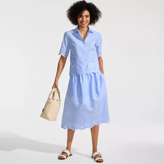 Women's Poplin Drop Waist Embroidered Eyelet Midi Skirt - primary