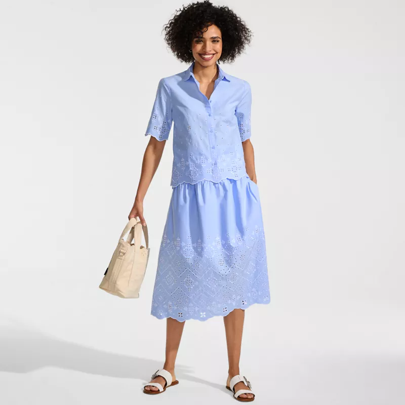 Women's Poplin Drop Waist Embroidered Eyelet Midi Skirt, alternative image