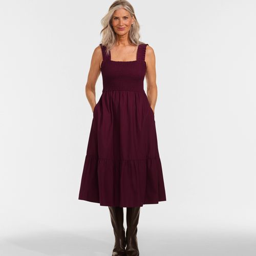 Women's Slub Cap Sleeve Shirred Skirt Midi Dress | Lands' End