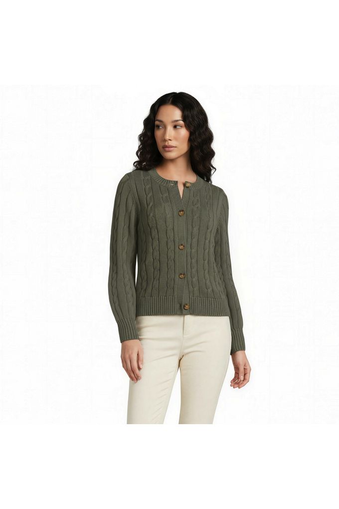 Lands' End Women's Petite Drifter Classic Cable Crew Neck Cardigan Sweater In Green