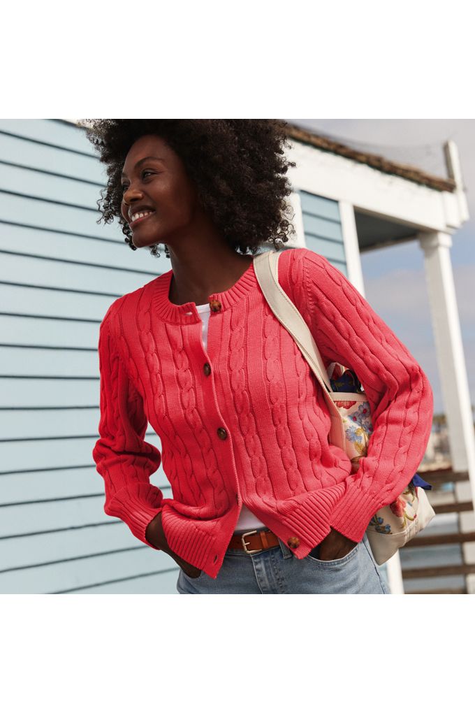 Lands' End Women's Drifter Classic Cable Crew Neck Cardigan Sweater In Orange
