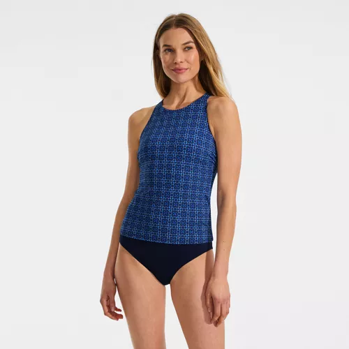 Women's Tugless High Neck Strappy Back Tankini Top, Front