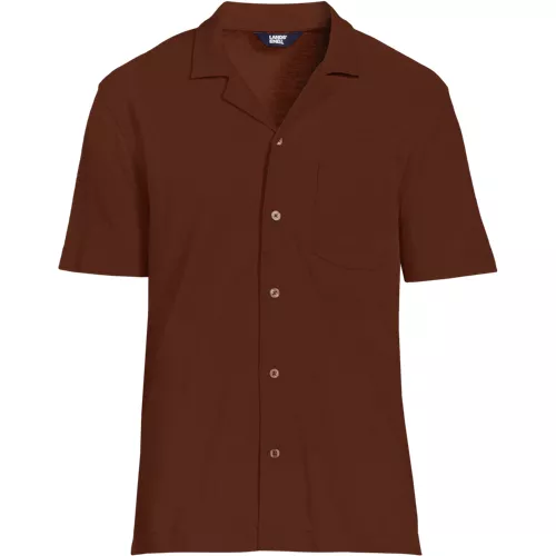 Men's Short Sleeve Cotton Linen Button Through Camp Collar Shirt, Front
