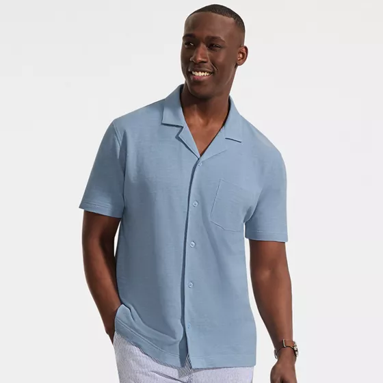 Men's Short Sleeve Cotton Linen Button Through Camp Collar Shirt - primary