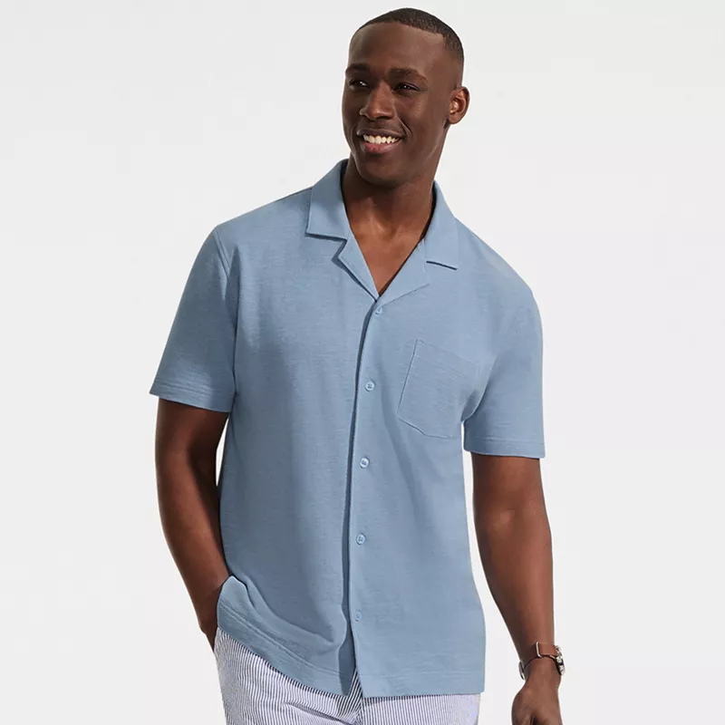 Men's Short Sleeve Cotton Linen Button Through Camp Collar Shirt, alternative image