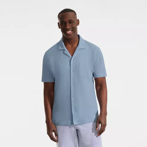 Men's Short Sleeve Cotton Linen Button Through Camp Collar Shirt, Front
