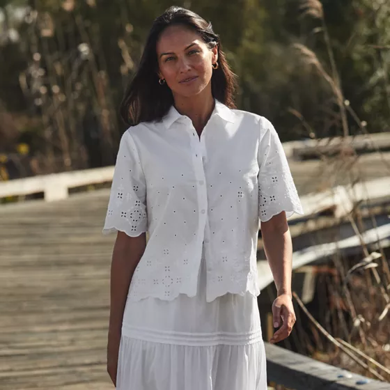 Women's Poplin Eyelet Button Front Shirt - primary