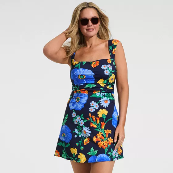 Women's Plus Size NEW Smoothing Square Neck Ruched Swim Dress Swimsuit - primary