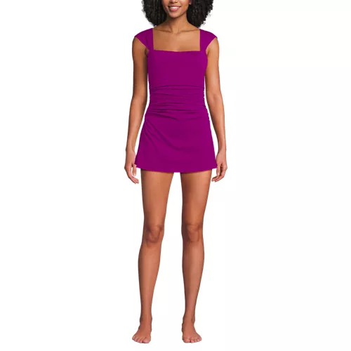 Women's NEW Smoothing Square Neck Ruched Swim Dress Swimsuit, Front