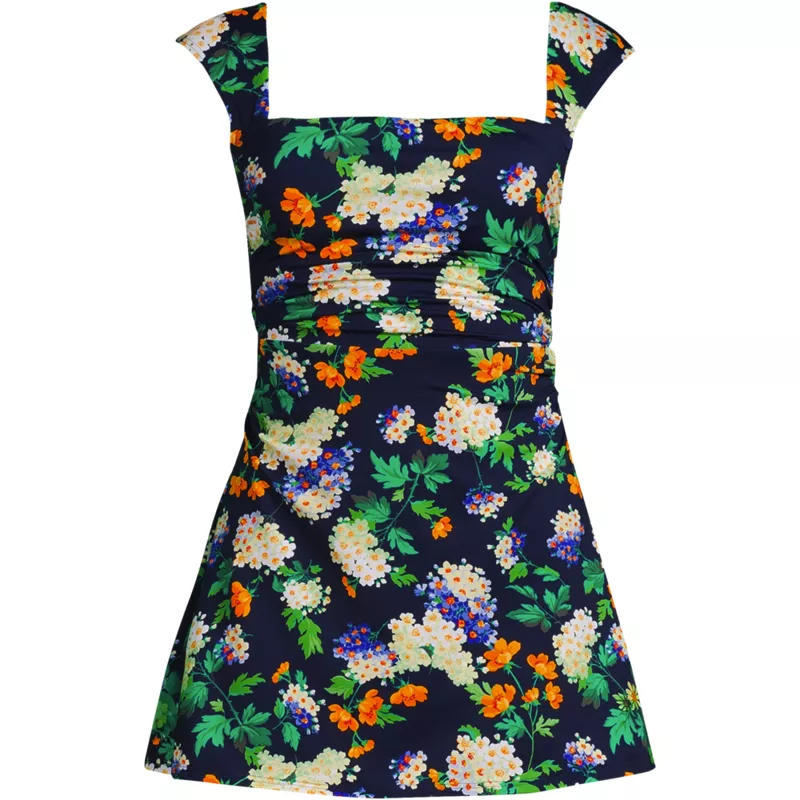 Women's Mastectomy New Smoothing Square Neck Ruched Swim Dress Swimsuit, Front
