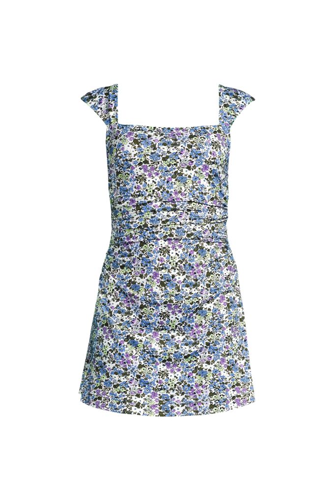 Lands' End Women's Petite New Smoothing Square Neck Ruched Swim Dress Swimsuit In White