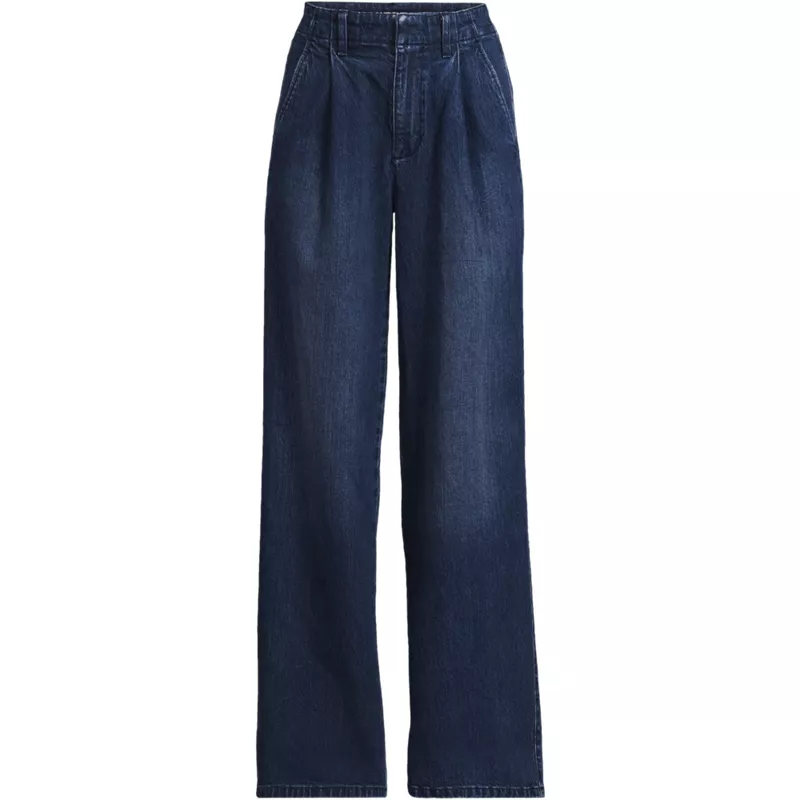 Women's Plus Size Soft Denim High Rise Pleated Wide Leg Trousers, Front