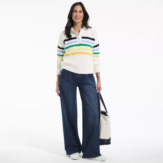 Women's Petite Soft Denim High Rise Pleated Wide Leg Trousers - primary