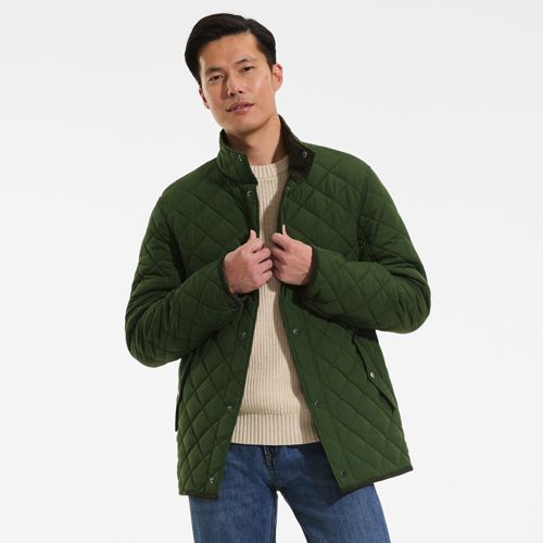 Diamond Quilted Cord Trimmed FeatherFree Jacket, Men, size: M, regular, Green, Polyester, by Lands' End